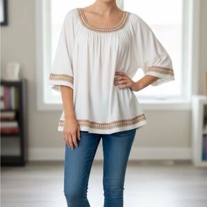 Denim&Co White Blouse with Tan Trim